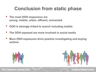 Conclusion from static phase
•   The most OOH responsive are
    young, mobile, urban, affluent, connected

•   OOH is strongly linked to search including mobile

•   The OOH exposed are more involved in social media

•   More OOH exposures drive positive investigating and buying
    actions
 