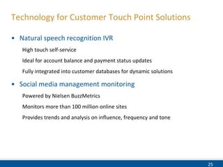 Technology for Customer Touch Point Solutions Natural speech recognition IVR High touch self-service Ideal for account balance and payment status updates Fully integrated into customer databases for dynamic solutions Social media management monitoring Powered by Nielsen BuzzMetrics Monitors more than 100 million online sites Provides trends and analysis on influence, frequency and tone 