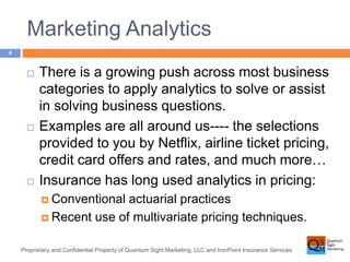 Marketing Analytics 
Proprietary and Confidential Property of Quantum Sight Marketing, LLC and IronPoint Insurance Services 
4 
 There is a growing push across most business 
categories to apply analytics to solve or assist 
in solving business questions. 
 Examples are all around us---- the selections 
provided to you by Netflix, airline ticket pricing, 
credit card offers and rates, and much more… 
 Insurance has long used analytics in pricing: 
 Conventional actuarial practices 
 Recent use of multivariate pricing techniques. 
 