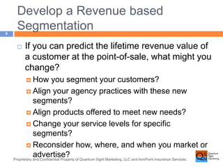 Develop a Revenue based 
Segmentation 
Proprietary and Confidential Property of Quantum Sight Marketing, LLC and IronPoint Insurance Services 
9 
 If you can predict the lifetime revenue value of 
a customer at the point-of-sale, what might you 
change? 
 How you segment your customers? 
 Align your agency practices with these new 
segments? 
 Align products offered to meet new needs? 
 Change your service levels for specific 
segments? 
 Reconsider how, where, and when you market or 
advertise? 
 