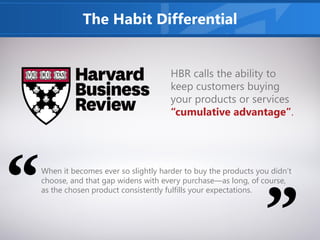 The Habit Differential
HBR calls the ability to
keep customers buying
your products or services
“cumulative advantage”.
When it becomes ever so slightly harder to buy the products you didn’t
choose, and that gap widens with every purchase—as long, of course,
as the chosen product consistently fulfills your expectations.
 