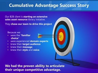 Cumulative Advantage Success Story
Our B2B client is starting an extensive
sales asset resource library initiative.
They chose our team to drive this project
Because we:
• were the “familiar
choice”
• were experienced domain experts
• knew their target audience
• knew their message
• knew their style and voice.
We had the proven ability to articulate
their unique competitive advantage.
 