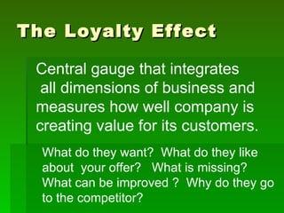 The Loyalty Effect

 Central gauge that integrates
  all dimensions of business and
 measures how well company is
 creating value for its customers.
  What do they want? What do they like
  about your offer? What is missing?
  What can be improved ? Why do they go
  to the competitor?
 