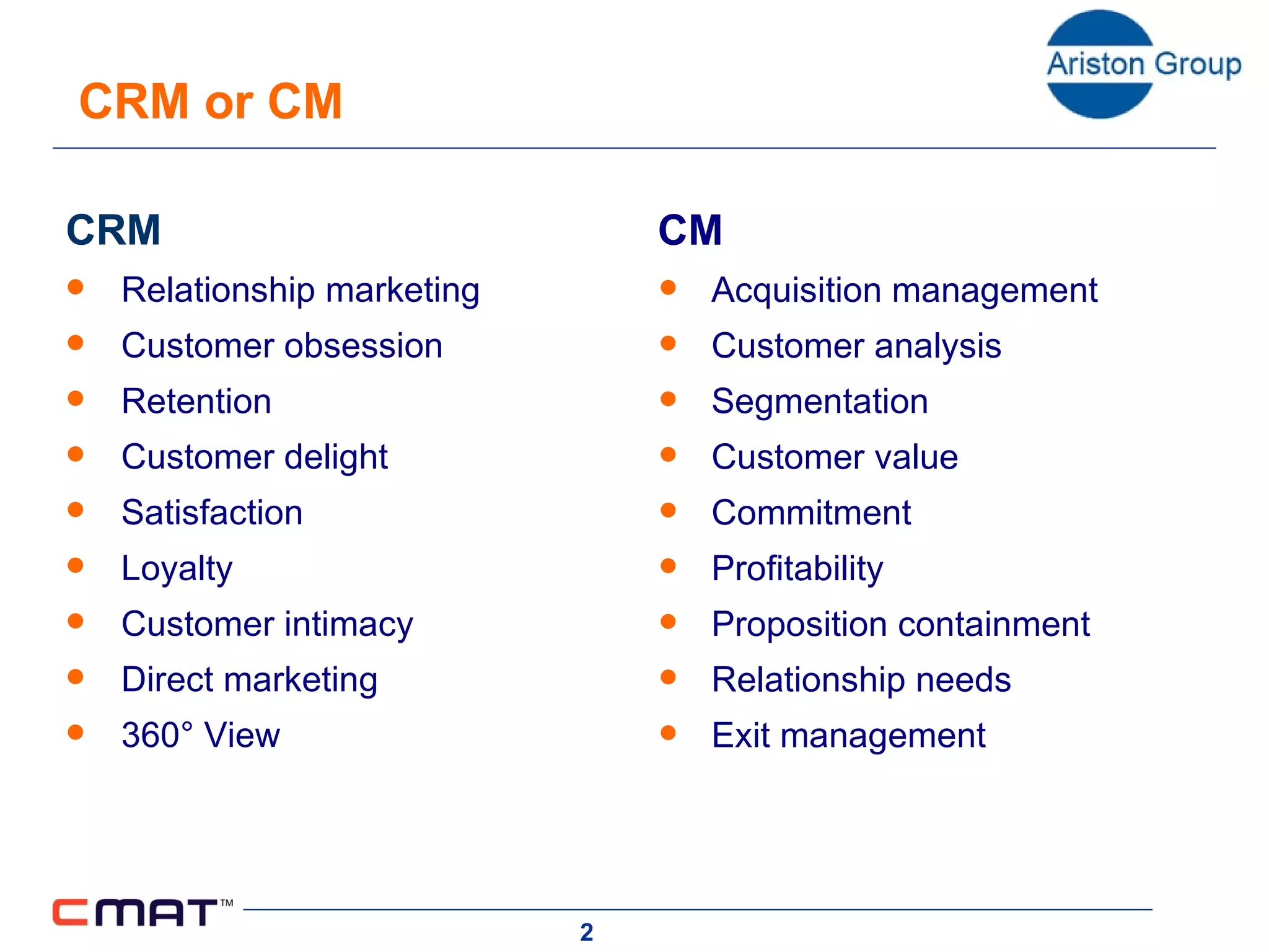 CRM or CM  CRM Relationship marketing Customer obsession Retention Customer delight Satisfaction Loyalty Customer intimacy Direct marketing 360 ° View CM Acquisition management  Customer analysis  Segmentation Customer value Commitment Profitability Proposition containment Relationship needs Exit management 