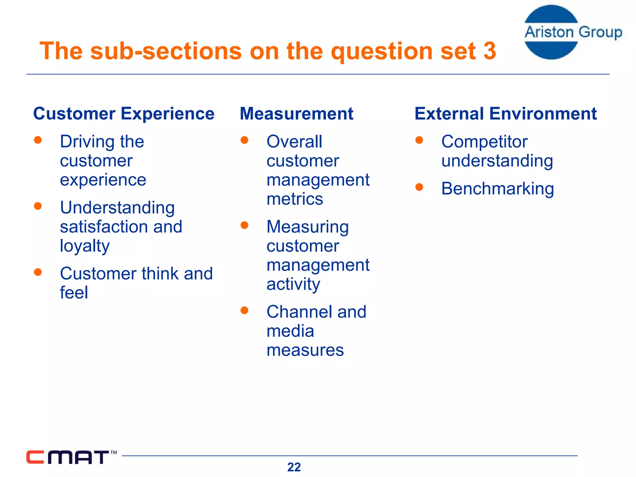 The sub-sections on the question set 3 Customer Experience Driving the customer experience Understanding satisfaction and loyalty Customer think and feel Measurement Overall customer management metrics Measuring customer management activity Channel and media measures External Environment Competitor understanding Benchmarking 
