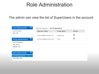 Role Administration

The admin can view the list of SuperUsers in the account
 