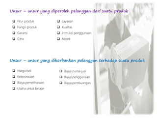 Unsur – unsur yang diperoleh pelanggan dari suatu produk
 Fitur produk
 Fungsi produk
 Garansi
 Citra
 Layanan
 Kualitas
 Instruksi penggunaan
 Merek
Unsur – unsur yang dikorbankan pelanggan terhadap suatu produk
 Harga beli
 Kekecewaan
 Biaya pemeliharaan
 Usaha untuk belajar
 Biaya purna jual
 Biaya penggunaan
 Biaya pembuangan
 
