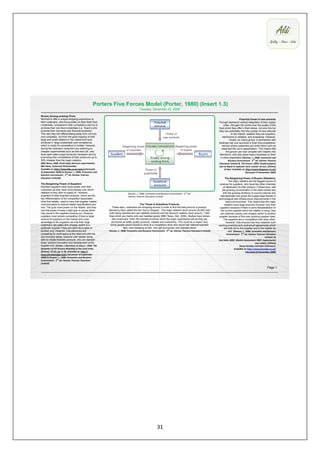 Porters Five Forces Model (Porter, 1980) (Insert 1.3)
                                                                                       Tuesday, December 22, 2009

Rivalry Among existing Firms
Morrison's offer a unique shopping experience to                                                                                                                                   Potential threat of new entrants
their customers, who focus solely on their fresh food                                                                                                         Through backward vertical integration of their supply
credentials, compared to their competitors who try to                                                                                                             chain, Aldi gain full control over the quality of the
promote their non-food credentials (i.e. Tesco's who                                                                                                          food which they offer in their stores, not only this but
promote their insurance and financial products).                                                                                                              they can potentially limit the number of new entrants
This way they are differentiating away from not only                                                                                                                      to the market, weather they are suppliers,
one competitor, but from the good majority of both                                                                                                               distributors or retailers, and prospering. However,
large and small retailers in the market and have                                                                                                                         Ocado, an online grocer in partnership with
achieved a large sustainable core competence,                                                                                                                 Waitrose has now launched a fresh food preparation
which is costly for competitors to imitate. However,                                                                                                             service where customers can order items such as
during the recession customers are switching to                                                                                                                 meat and fish cut to specification. This means that
cheaper supermarkets such as Aldi and Lidl, who                                                                                                                      this grocer can now compete with retailers like
have seen sales surge during the recession and by                                                                                                              Morrison's, who also place heavy emphasis on their
promoting their competence of their prices are up to                                                                                                           in store preparation.(Sloman, J., 2008. Economics and
30% cheaper than the major retailers.                                                                                                                                  Business Environment. 2nd ed. Harlow: Pearson
(BBC News, 2008. Pinch helps discount supermarkets.                                                                                                           Education Limited & The Grocer.,2009. Ocado prepares
BBC News, [internet] 20 November.                                                                                                                             cuts at depot to replicate store counter service, [Online]
Available at: http://www.bbc.co.uk.news/ [Accessed                                                                                                                 14 Nov. Available at: http://www.thegrocer.co.uk/
22 September 2009] & Sloman, J., 2008. Economics and                                                                                                                                     [Accessed 14 November 2009]
Business Environment. 2nd ed. Harlow: Pearson
Education Limited))                                                                                                                                                   The Bargaining Power of Buyers (Retailers).
                                                                                                                                                                         The major retailers are the biggest source of
The Bargaining Power of Suppliers                                                                                                                              revenue for suppliers, who have few other channels
Branded suppliers have some power over their                                                                                                                        of distribution for their product. Furthermore, with
customers as they have more leeway over which                                                                                                                      the growing concentration in the retail market and
retailers to they wish to supply to. However,                                Sloman, J., 2008. Economics and Business Environment. 2nd ed.                          with the growing tendency to source national and
suppliers of retail-branded products, which are the                          Harlow: Pearson Education Limited                                                  internationally has grown the supply base thanks to
key differentiators of the competition associated                                                                                                             technological and infrastructure improvements in the
what that retailer, need to have that supplier-retailer                                                                                                               macro-environment. This means that the major
communication to ensure retailer specifications are                                      The Threat of Substitute Products                                           retailers have large amounts of power over their
met. This puts more power on the retailer, and they           These days, customers are shopping around in order to find the best price for a product ,        suppliers because if there is some dissatisfaction of
use that power to keep a tight grip on prices which        Sainsbury have called this the ‘Savvy Shopper’. The major retailers stock around 30,000 lines         the current supplier which the retailer is using, they
may result in the suppliers loosing out. However,           both being branded and own labelled products and the discount retailers stock around 1,000          can relatively quickly and cheaply switch to another
suppliers must remain competitive if there a large         lines which are mainly only own labelled goods (BBC News: Aldi, 2009). Studies have shows          supplier because of this ever-growing supplier base.
amount of suppliers on the market and a key                   that consumers ‘miss’ the branded products which the major superstores sell as they are               The suppliers are in competition with each other.
advantage to the suppliers are that their large               perceived as better quality products, reliable and trustworthy. This could be a reason why               However, Aldi ensures that they establish both
customers can easily and cheaply switch to a                 some people would choose to shop at a competitors store who would sell national branded          working practices and contractual agreements which
particular supplier if they are seen favourable to                       item, over shopping at Aldi, who sell exclusively own-branded items                         are both fair to the supplier and to the retailer as
another one. However, manufacturers are                    Sloman, J., 2008. Economics and Business Environment. 2nd ed. Harlow: Pearson Education Limited)              well. (Sloman, J., 2008. Economics and Business
competing for shelf space at the retail end with the                                                                                                                    Environment. 2nd ed. Harlow: Pearson Education
own branded labels, however with retailer being                                                                                                                                                               Limited ) &
able to imitate branded products, this can dampen                                                                                                             Key Note.,2007. Market Assessment 2007. Supermarket
down product innovation and development at the                                                                                                                                                       own Labels, [Online]
supplier end. (Clarke, I, Bennison, D, Guy,C., 1994. The                                                                                                                             (Issue Number and Date Unknown).
Dynamics of UK Grocery Retailing at the Local Scale,                                                                                                                            Available at: http://www.keynote.co.uk/
[Online]. 22 (6), pp 11-20. Available at: http://                                                                                                                                           [Accessed 24 November 2009]
www.emraleinsignt.com/ [Accessed 16 September
2009] & Sloman, J., 2008. Economics and Business
Environment. 2nd ed. Harlow: Pearson Education
Limited)
                                                                                                                                                                                                               Page 1




                                                                                                         31
 