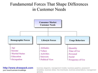 Fundamental Forces That Shape Differences in Customer Needs http://www.drawpack.com your visual business knowledge business diagrams, management models, business graphics, powerpoint templates, business slides, free downloads, business presentations, management glossary Consumer Market Customer Needs Demographic Forces Usage Behaviors - Quantity - Time of Use - Personal - Social - Frequency of Use - Age - Income - Marital Status - Education - Occupation Lifestyle Forces - Attitudes - Values - Activities - Interests - Political View 