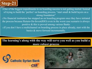 Step-21
oOne of the biggest impediments to on boarding success is not getting started. Instead
of trying to build the ‘perfect’ on boarding process, “start small & build layers on a
strong foundation”
oNo financial institution has stopped an on boarding program once they have initiated
the process because Return-On-Invest(RIO) even in the worst case scenario is always
positive & this is proved among various Banks
oIf you don’t have a multichannel on boarding process in place already, start with the
basics & move forward incrementally.
The learning's along with the way will serve you well as you build a
more robust process
 