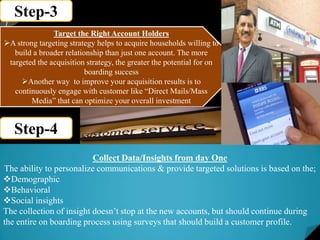 Step-3
Target the Right Account Holders
A strong targeting strategy helps to acquire households willing to
build a broader relationship than just one account. The more
targeted the acquisition strategy, the greater the potential for on
boarding success
Another way to improve your acquisition results is to
continuously engage with customer like “Direct Mails/Mass
Media” that can optimize your overall investment
Step-4
Collect Data/Insights from day One
The ability to personalize communications & provide targeted solutions is based on the;
Demographic
Behavioral
Social insights
The collection of insight doesn’t stop at the new accounts, but should continue during
the entire on boarding process using surveys that should build a customer profile.
 
