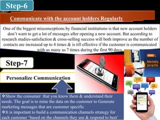 Communicate with the account holders Regularly
One of the biggest misconceptions by financial institutions is that new account holders
don’t want to get a lot of messages after opening a new account. But according to
research studies-satisfaction & cross-selling success will both improve as the number of
contacts are increased up to 4 times & is till effective if the customer is communicated
with as many as 7 times during the first 90 days.
Personalize Communication
Step-6
Step-7
Show the consumer that you know them & understand their
needs. The goal is to mine the data on the customer to Generate
marketing messages that are customer specific
It is important to build a communication channels strategy for
each customer ‘based on the channels they use & respond to best’
 