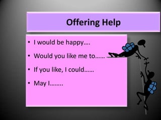 Offering Help
• I would be happy….
• Would you like me to……

• If you like, I could……
• May I……..

 