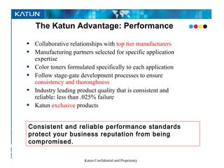 The Katun Advantage: Performance

       •   Collaborative relationships with top tier manufacturers
       •   Manufacturing partners selected for specific application
           expertise
       •   Color toners formulated specifically to each application
       •   Follow stage-gate development processes to ensure
           consistency and thoroughness
       •   Industry leading product quality that is consistent and
           reliable: less than .025% failure
       •   Katun exclusive products


PursuingConsistent and reliable performance standards
   the protect your business reputation from being
        compromised.
perfect –
COLOR
                         Katun Confidential and Proprietary
– image
 