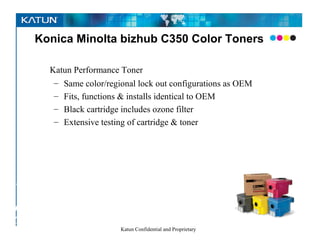 Konica Minolta bizhub C350 Color Toners

            Katun Performance Toner
             – Same color/regional lock out configurations as OEM
             – Fits, functions & installs identical to OEM
             – Black cartridge includes ozone filter
             – Extensive testing of cartridge & toner




Pursuing
   the
perfect –
COLOR
                              Katun Confidential and Proprietary
– image
 