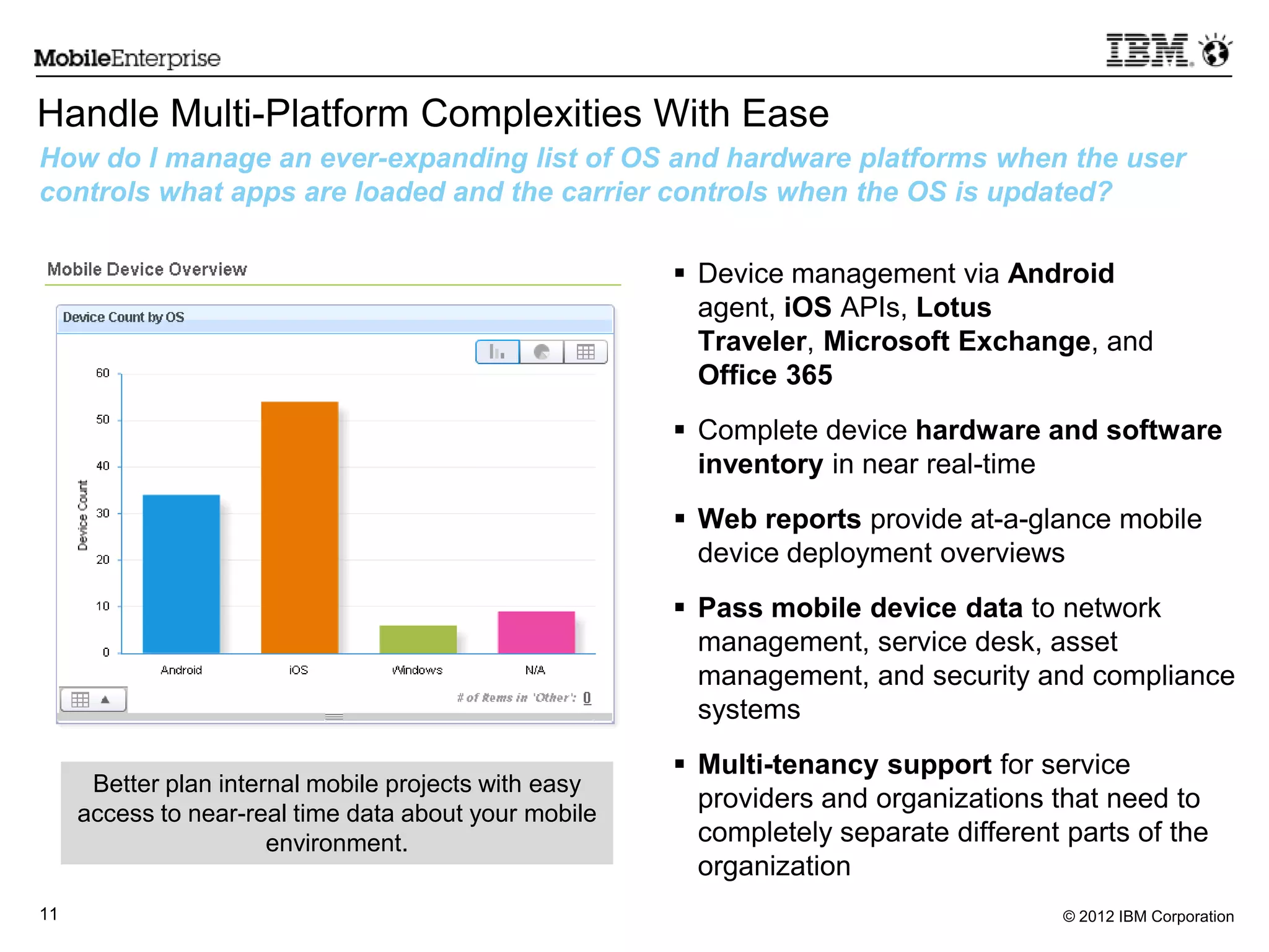 © 2012 IBM Corporation11
Handle Multi-Platform Complexities With Ease
 Device management via Android
agent, iOS APIs, Lotus
Traveler, Microsoft Exchange, and
Office 365
 Complete device hardware and software
inventory in near real-time
 Web reports provide at-a-glance mobile
device deployment overviews
 Pass mobile device data to network
management, service desk, asset
management, and security and compliance
systems
 Multi-tenancy support for service
providers and organizations that need to
completely separate different parts of the
organization
How do I manage an ever-expanding list of OS and hardware platforms when the user
controls what apps are loaded and the carrier controls when the OS is updated?
Better plan internal mobile projects with easy
access to near-real time data about your mobile
environment.
 