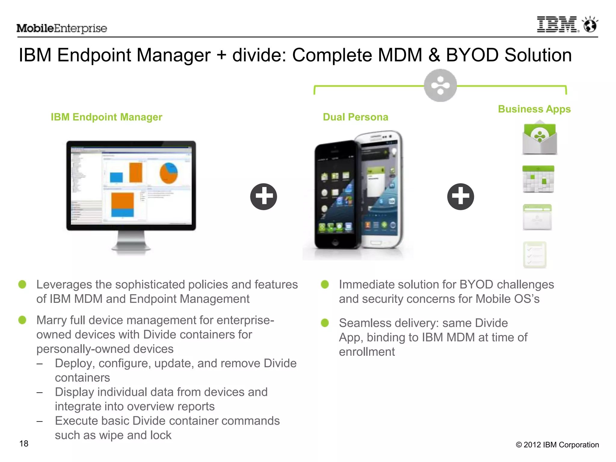 © 2012 IBM Corporation18
IBM Endpoint Manager + divide: Complete MDM & BYOD Solution
Dual Persona
Leverages the sophisticated policies and features
of IBM MDM and Endpoint Management
Marry full device management for enterprise-
owned devices with Divide containers for
personally-owned devices
Deploy, configure, update, and remove Divide
containers
Display individual data from devices and
integrate into overview reports
Execute basic Divide container commands
such as wipe and lock
+ +
Immediate solution for BYOD challenges
and security concerns for Mobile OS‟s
Seamless delivery: same Divide
App, binding to IBM MDM at time of
enrollment
Business Apps
IBM Endpoint Manager
 