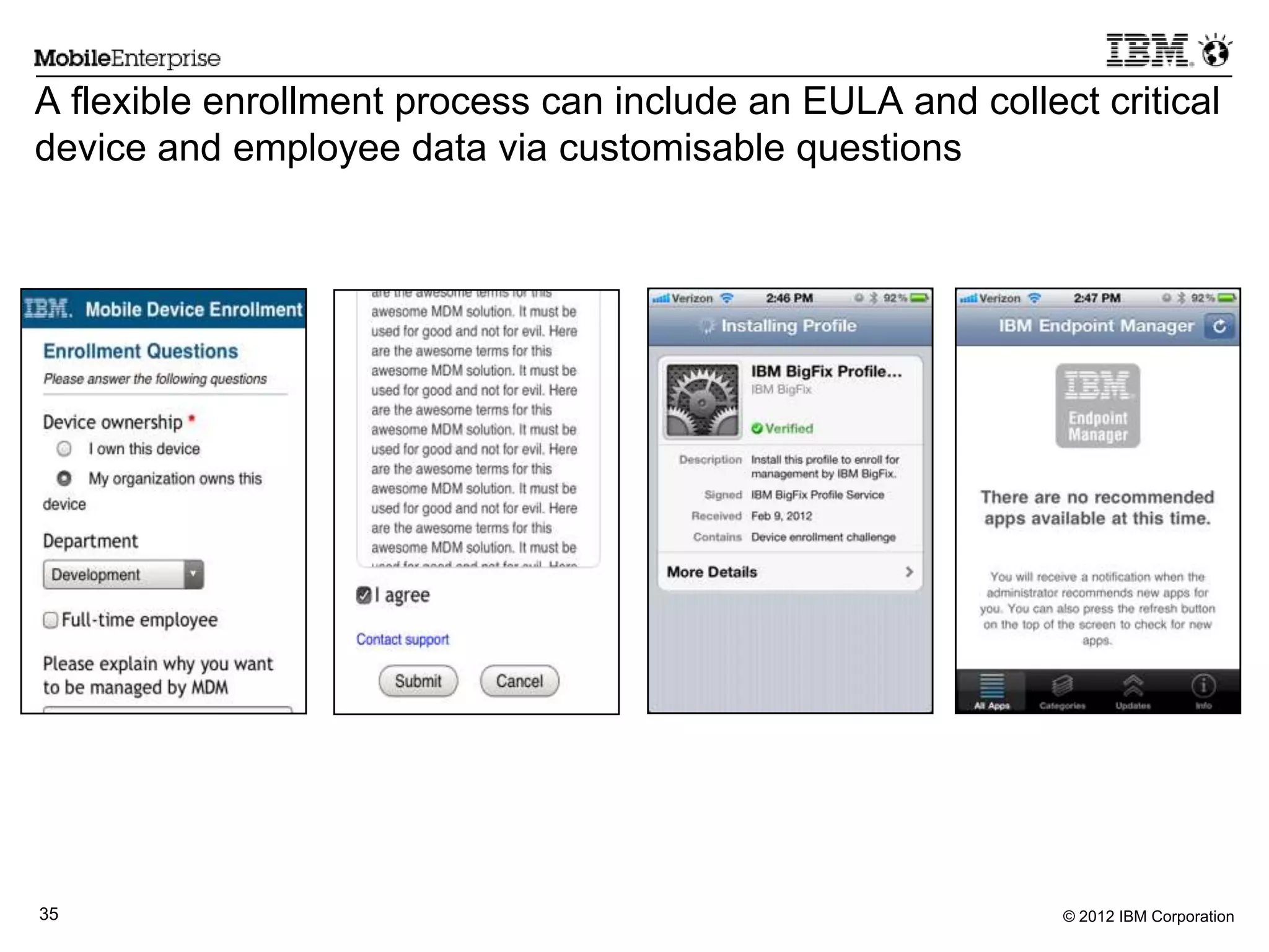 © 2012 IBM Corporation35
A flexible enrollment process can include an EULA and collect critical
device and employee data via customisable questions
 