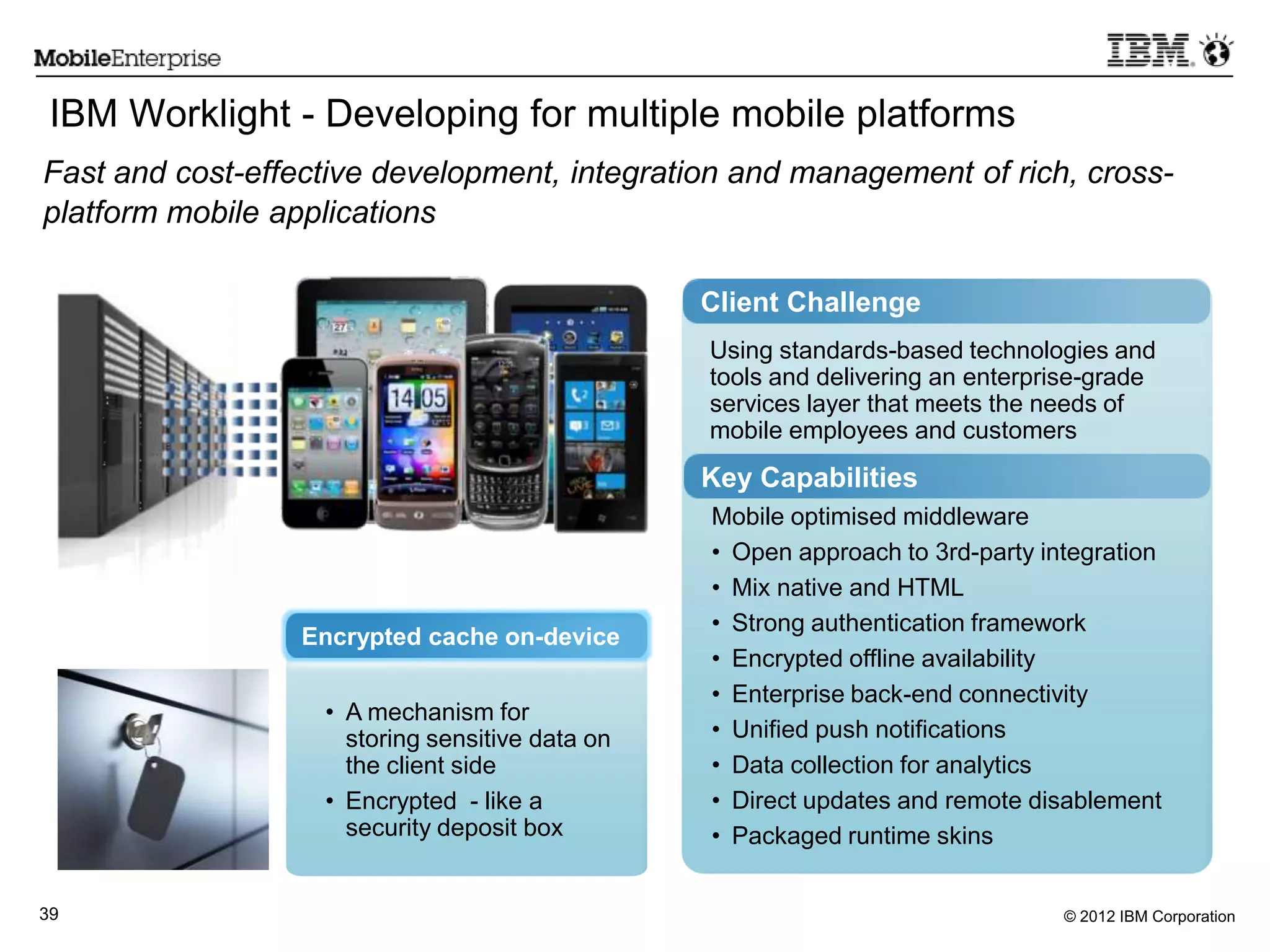 © 2012 IBM Corporation39
Fast and cost-effective development, integration and management of rich, cross-
platform mobile applications
Client Challenge
Key Capabilities
Using standards-based technologies and
tools and delivering an enterprise-grade
services layer that meets the needs of
mobile employees and customers
Mobile optimised middleware
• Open approach to 3rd-party integration
• Mix native and HTML
• Strong authentication framework
• Encrypted offline availability
• Enterprise back-end connectivity
• Unified push notifications
• Data collection for analytics
• Direct updates and remote disablement
• Packaged runtime skins
IBM Worklight - Developing for multiple mobile platforms
Encrypted cache on-device
• A mechanism for
storing sensitive data on
the client side
• Encrypted - like a
security deposit box
 