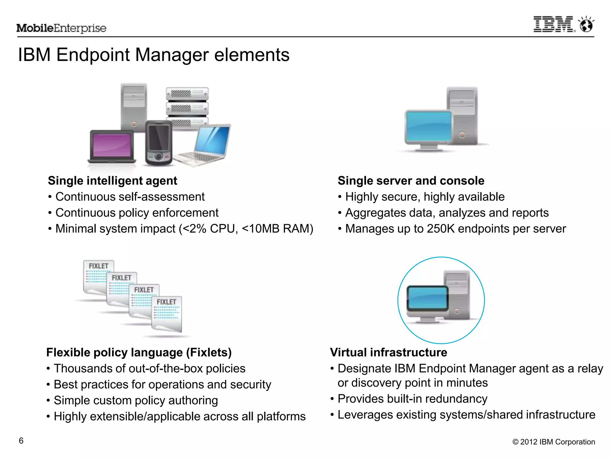 © 2012 IBM Corporation6
IBM Endpoint Manager elements
Single server and console
• Highly secure, highly available
• Aggregates data, analyzes and reports
• Manages up to 250K endpoints per server
Flexible policy language (Fixlets)
• Thousands of out-of-the-box policies
• Best practices for operations and security
• Simple custom policy authoring
• Highly extensible/applicable across all platforms
Virtual infrastructure
• Designate IBM Endpoint Manager agent as a relay
or discovery point in minutes
• Provides built-in redundancy
• Leverages existing systems/shared infrastructure
Single intelligent agent
• Continuous self-assessment
• Continuous policy enforcement
• Minimal system impact (<2% CPU, <10MB RAM)
 