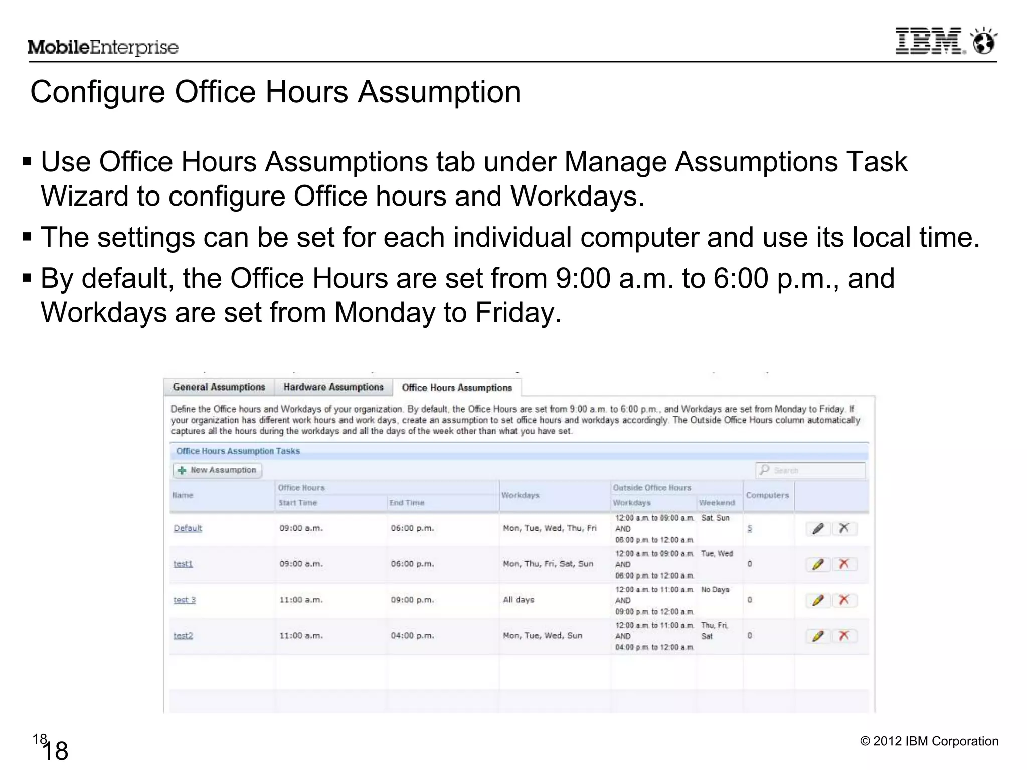 © 2012 IBM Corporation18
18
Configure Office Hours Assumption
 Use Office Hours Assumptions tab under Manage Assumptions Task
Wizard to configure Office hours and Workdays.
 The settings can be set for each individual computer and use its local time.
 By default, the Office Hours are set from 9:00 a.m. to 6:00 p.m., and
Workdays are set from Monday to Friday.
 