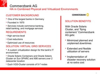 18
Commerzbank AG
HA in Combined Physical and Virtualized Environments
CUSTOMER BACKGROUND

One of the largest banks in Germany

Founded in 1870

Services include commerce banking,
retail banking, and mortgage services
REQUIREMENTS
• High service level
• Cost reductions
• Optimized use of resources
SOLUTION: VIRTUAL GRID SERVICES

A custom virtualization design for the bank's IT
environment

Oracle Solaris Containers and Oracle Solaris
Cluster on Sun SPARC and X86 servers over 2
datacenter location

Each VGS-Cluster consists of 5-7 nodes
SOLUTION BENEFITS
With Oracle Solaris
Cluster, and “flying
containers” Commerzbank
AG gets:

Minimized planned and
unplanned downtimes

Extended and flexible
utilization of servers

Implementation of
disaster recovery solution
at no extra cost
 