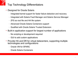 7
Top Technology Differentiators
• Designed for Oracle Solaris
– Integrated kernel support for faster failure detection and recovery
– Integrated with Solaris Fault Manager and Solaris Service Manager
– ZFS as root file and HA file system
– Advanced Oracle Solaris Containers support
– Qualified with Oracle Solaris Trusted Extension
• Built-in application support for largest number of applications
– No scripting or development required
– GUI to add custom applications
• Provide HA and DR for virtual datacenters, supporting multiple
technologies and configurations
– Oracle VM for SPARC
– Oracle Solaris Containers
 