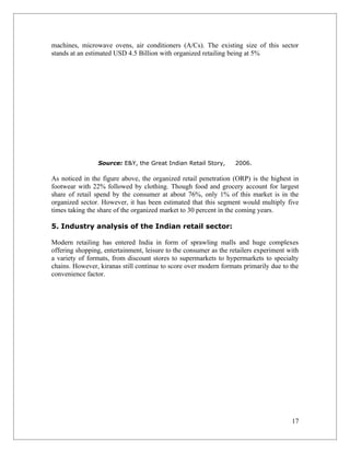 machines, microwave ovens, air conditioners (A/Cs). The existing size of this sector
stands at an estimated USD 4.5 Billion with organized retailing being at 5%




                 Source: E&Y, the Great Indian Retail Story,      2006.

As noticed in the figure above, the organized retail penetration (ORP) is the highest in
footwear with 22% followed by clothing. Though food and grocery account for largest
share of retail spend by the consumer at about 76%, only 1% of this market is in the
organized sector. However, it has been estimated that this segment would multiply five
times taking the share of the organized market to 30 percent in the coming years.

5. Industry analysis of the Indian retail sector:

Modern retailing has entered India in form of sprawling malls and huge complexes
offering shopping, entertainment, leisure to the consumer as the retailers experiment with
a variety of formats, from discount stores to supermarkets to hypermarkets to specialty
chains. However, kiranas still continue to score over modern formats primarily due to the
convenience factor.




                                                                                       17
 
