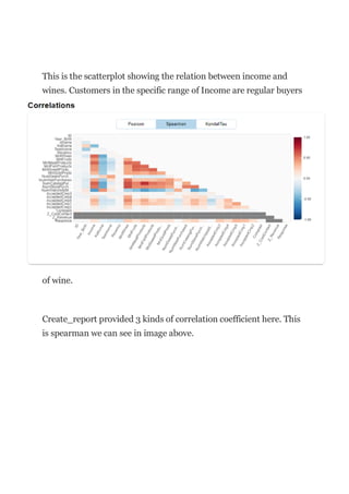 This is the scatterplot showing the relation between income and
wines. Customers in the specific range of Income are regular buyers
of wine.
Create_report provided 3 kinds of correlation coefficient here. This
is spearman we can see in image above.
 