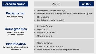 Persona Name:
Background
Afroza
Demographics
Identification
• Senior Human Resource Manager.
• Worked at the same company ...