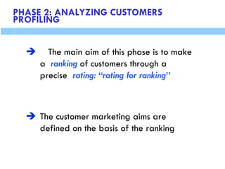 PHASE 2: ANALYZING CUSTOMERS
PROFILING
 The main aim of this phase is to make
a ranking of customers through a
precise rating: “rating for ranking”
 The customer marketing aims are
defined on the basis of the ranking
 