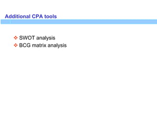 Additional CPA tools
 SWOT analysis
 BCG matrix analysis
 