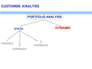 CUSTOMER ANALYSIS
PORTFOLIO ANALYSIS
STATIC DYNAMIC
1
VARIABLE
3
VARIABLES
2
VARIABLES
 