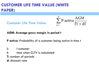 CUSTOMER LIFE TIME VALUE (WHITE
PAPER)
Customer Life Time Value:
AGM: Average gross margin in period t
P active: Probability of a customer being active in time t
i: I customer
t: time when CLTV is calculated
T: number of periods
d: discount rate
T

t1
t
(1  d)
P active
AGM
it
 