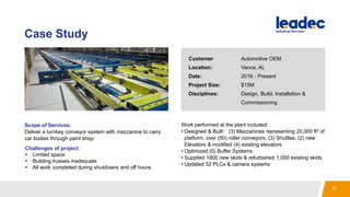 Case Study
Customer Automotive OEM
Location: Vance, AL
Date: 2016 - Present
Project Size: $15M
Disciplines: Design, Build, Installation &
Commissioning
Scope of Services:
Deliver a turnkey conveyor system with mezzanine to carry
car bodies through paint shop:
Work performed at the plant included:
• Designed & Built : (3) Mezzanines representing 20,000 ft2 of
platform, over (50) roller conveyors, (3) Shuttles, (2) new
Elevators & modified (4) existing elevators
• Optimized (5) Buffer Systems
• Supplied 1800 new skids & refurbished 1,000 existing skids
• Updated 52 PLCs & camera systems
Challenges of project:
 Limited space
 Building trusses inadequate
 All work completed during shutdowns and off hours.
10
 