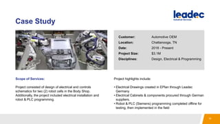 Case Study
Customer: Automotive OEM
Location: Chattanooga, TN
Date: 2018 - Present
Project Size: $3.1M
Disciplines: Design, Electrical & Programming
Scope of Services:
Project consisted of design of electrical and controls
schematics for two (2) robot cells in the Body Shop.
Additionally, the project included electrical installation and
robot & PLC programming.
Project highlights include:
• Electrical Drawings created in EPlan through Leadec
Germany
• Electrical Cabinets & components procured through German
suppliers.
• Robot & PLC (Siemens) programming completed offline for
testing, then implemented in the field
14
 