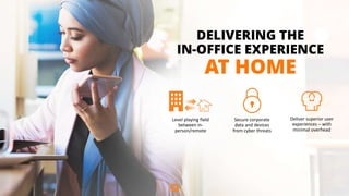DELIVERING THE
IN-OFFICE EXPERIENCE
AT HOME
Deliver superior user
experiences – with
minimal overhead
Secure corporate
data and devices
from cyber threats
Level playing field
between in-
person/remote
 