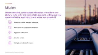 Deliver actionable, contextualized information to transform your
ability to make faster and more reliable decisions, and improve your
operational safety, asset integrity and reduce your project risk
Mission
© 2023 AVEVA Group plc and its subsidiaries. All rights reserved.
Enterprise scalable, managed and secure
Rapid access to trusted asset information
Aggregate and maintain
Visualize context
Ability to remediate information
 