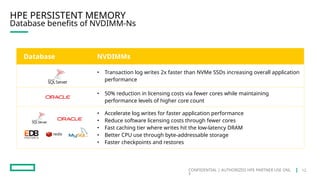 CONFIDENTIAL | AUTHORIZED HPE PARTNER USE ONL
Y
HPE PERSISTENT MEMORY
Database benefits of NVDIMM-Ns
Database NVDIMMs
• Transaction log writes 2x faster than NVMe SSDs increasing overall application
performance
• 50% reduction in licensing costs via fewer cores while maintaining
performance levels of higher core count
• Accelerate log writes for faster application performance
• Reduce software licensing costs through fewer cores
• Fast caching tier where writes hit the low-latency DRAM
• Better CPU use through byte-addressable storage
• Faster checkpoints and restores
12
 