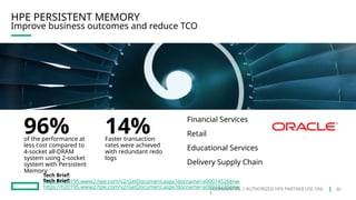 CONFIDENTIAL | AUTHORIZED HPE PARTNER USE ONL
Y
HPE PERSISTENT MEMORY
Improve business outcomes and reduce TCO
96%
of the performance at
less cost compared to
4-socket all-DRAM
system using 2-socket
system with Persistent
Memory
14%
Faster transaction
rates were achieved
with redundant redo
logs
Tech Brief:
https://h20195.www2.hpe.com/v2/GetDocument.aspx?docname=a00074526enw
Tech Brief:
https://h20195.www2.hpe.com/v2/GetDocument.aspx?docname=a00074230enw
Financial Services
Retail
Educational Services
Delivery Supply Chain
30
 