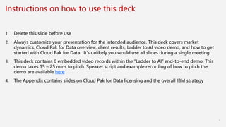 Instructions on how to use this deck
1. Delete this slide before use
2. Always customize your presentation for the intended audience. This deck covers market
dynamics, Cloud Pak for Data overview, client results, Ladder to AI video demo, and how to get
started with Cloud Pak for Data. It’s unlikely you would use all slides during a single meeting.
3. This deck contains 6 embedded video records within the “Ladder to AI” end-to-end demo. This
demo takes 15 – 25 mins to pitch. Speaker script and example recording of how to pitch the
demo are available here
4. The Appendix contains slides on Cloud Pak for Data licensing and the overall IBM strategy
1
 