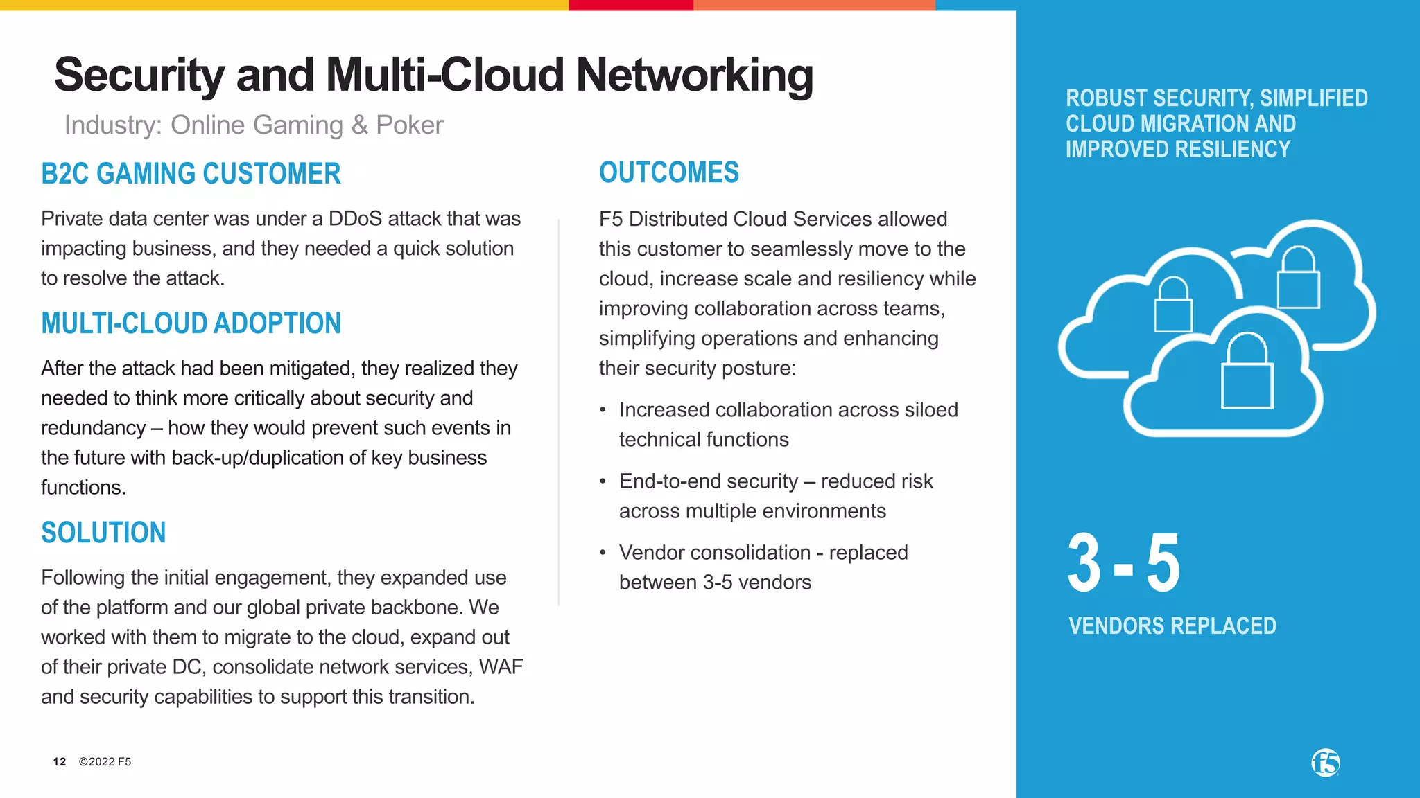 ©2022 F5
12
VENDORS REPLACED
ROBUST SECURITY, SIMPLIFIED
CLOUD MIGRATION AND
IMPROVED RESILIENCY
OUTCOMES
F5 Distributed Cloud Services allowed
this customer to seamlessly move to the
cloud, increase scale and resiliency while
improving collaboration across teams,
simplifying operations and enhancing
their security posture:
• Increased collaboration across siloed
technical functions
• End-to-end security – reduced risk
across multiple environments
• Vendor consolidation - replaced
between 3-5 vendors
B2C GAMING CUSTOMER
Private data center was under a DDoS attack that was
impacting business, and they needed a quick solution
to resolve the attack.
MULTI-CLOUD ADOPTION
After the attack had been mitigated, they realized they
needed to think more critically about security and
redundancy – how they would prevent such events in
the future with back-up/duplication of key business
functions.
SOLUTION
Following the initial engagement, they expanded use
of the platform and our global private backbone. We
worked with them to migrate to the cloud, expand out
of their private DC, consolidate network services, WAF
and security capabilities to support this transition.
3-5
Security and Multi-Cloud Networking
Industry: Online Gaming & Poker
 