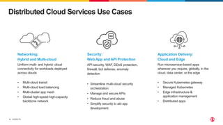 ©2022 F5
6
Distributed Cloud Services Use Cases
Networking:
Hybrid and Multi-cloud
Uniform multi- and hybrid- cloud
connectivity for workloads deployed
across clouds
• Multi-cloud transit
• Multi-cloud load balancing
• Multi-cluster app mesh
• Global high-speed high-capacity
backbone network
Security:
Web App and API Protection
API security, WAF, DDoS protection,
firewall, bot defense, anomaly
detection
• Streamline multi-cloud security
orchestration
• Manage and secure APIs
• Reduce fraud and abuse
• Simplify security to aid app
development
Application Delivery:
Cloud and Edge
Run microservice-based apps
wherever you require, globally, in the
cloud, data center, or the edge
• Secure Kubernetes gateway
• Managed Kubernetes
• Edge infrastructure &
application management
• Distributed apps
 