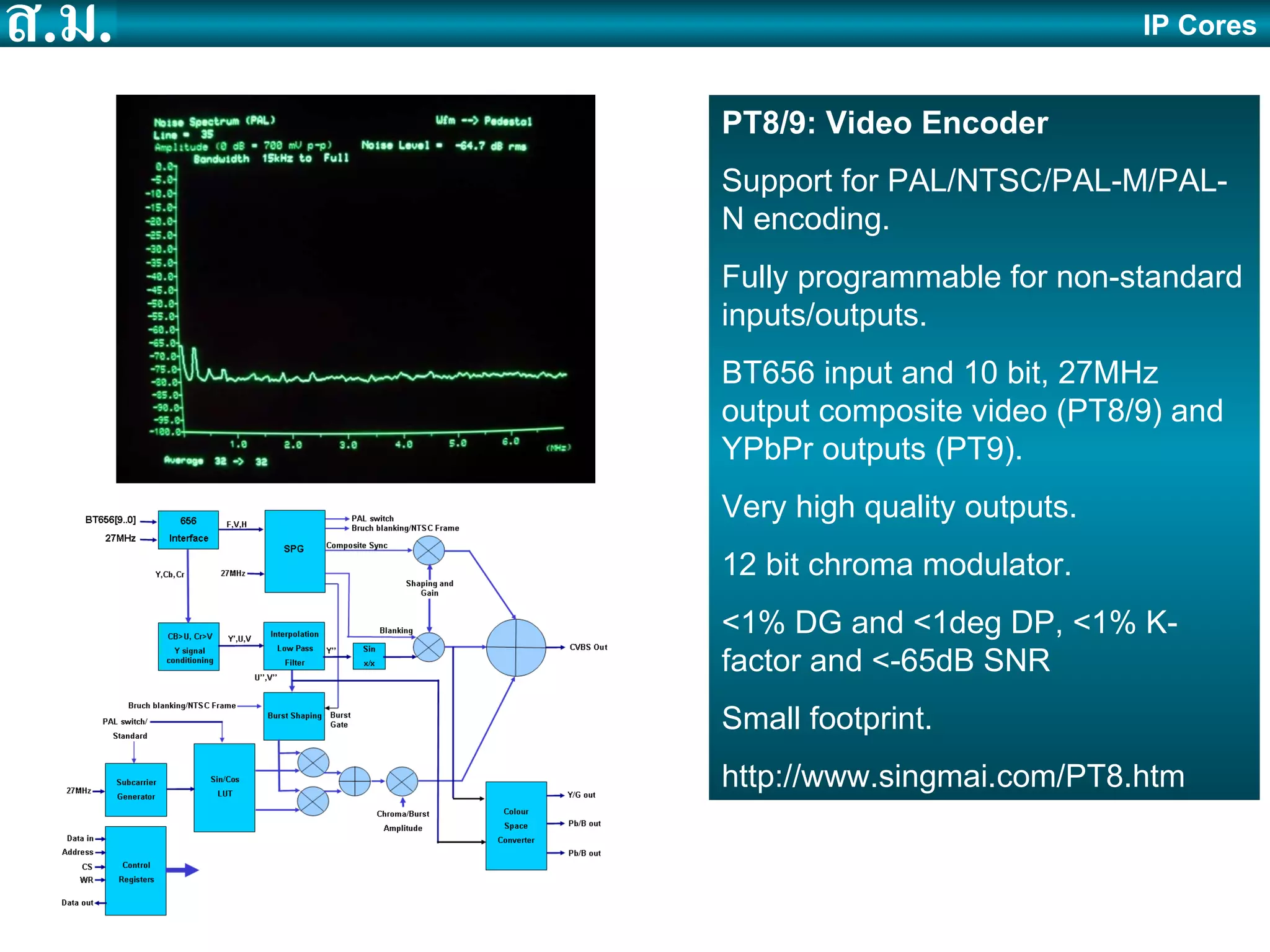 IP Cores PT8/9: Video Encoder Support for PAL/NTSC/PAL-M/PAL-N encoding. Fully programmable for non-standard inputs/outputs. BT656 input and 10 bit, 27MHz output composite video (PT8/9) and YPbPr outputs (PT9).  Very high quality outputs. 12 bit chroma modulator. <1% DG and <1deg DP, <1% K-factor and <-65dB SNR   Small footprint. http://www.singmai.com/PT8.htm 