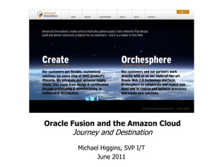 Oracle Fusion and the Amazon Cloud
       Journey and Destination
        Michael Higgins, SVP I/T
              June 2011
 
