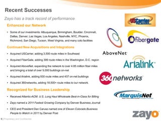 Recent Successes
   Zayo has a track record of performance
      Enhanced our Network
      • Some of our investments: Albuquerque, Birmingham, Boulder, Cincinnati,
         Dallas, Denver, Las Vegas, Los Angeles, Nashville, NYC, Phoenix,
         Richmond, San Diego, Tucson, West Virginia, and many colo facilities

      Continued New Acquisitions and Integrations

      • Acquired USCarrier, adding 3,500 route miles in Southeast

      • Acquired FiberGate, adding 399 route miles in the Washington, D.C. region

      • Acquired AboveNet, expanding the network to over 4.85 million fiber miles
         and bringing a total of over 9,000 buildings on-net

      • Acquired Arialink, adding 930 route miles and 437 on-net buildings

      • Acquired 360networks, adding 18,500+ route miles to our network.

      Recognized for Business Leadership
      • Received Atlantic-ACM: U.S. Long Haul Wholesale Best-in-Class for Billing

      • Zayo named a 2011 Fastest Growing Company by Denver Business Journal

      • CEO and President Dan Caruso named one of Eleven Colorado Business
         People to Watch in 2011 by Denver Post

9 | Proprietary and Confidential
 