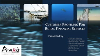 CUSTOMER PROFILING FOR
RURAL FINANCIAL SERVICES
Presented by :
Maruthi Nataraj
Sudhanshu Ranjan
Santosh Koppada
Madhumita Ghosh
Rohit Kumar
Ayan Das
 