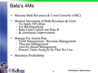 Bala’s 4Ms Measure Both Revenues & Costs Correctly (ABC) Monitor Movement of Both Revenues & Costs To Apply 50% Rule  For Benchmarking  Rule-I and Cashew nut Rule-II & continuous Improvement Manage For Action Plan Yield Management / Revenue Management Thru-put Management Activity-Based Management Process Value Analysis So That We Can: Maximize Profitability 