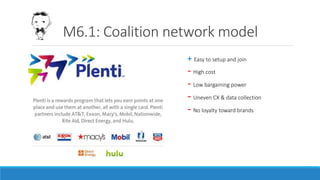 M6.1: Coalition network model
+ Easy to setup and join
- High cost
- Low bargaining power
- Uneven CX & data collection
- No loyalty toward brands
 