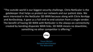 “The	outside	world	is	our	biggest	security	challenge.	Citrix	NetScaler	is	the	
gatekeeper	that	helps	us	protect	our	network	and	our	patient	data.	We	
were	interested	in	the NetScaler	SD-WAN	because	along	with	Citrix	XenApp	
and	XenDesktop,	it	gave	us	a	full	end-to-end	solution	from	a	single	vendor.		
The	benefit	of	having	SD-WAN	with	NetScaler	is	the	always-on	connectivity	
created	by	bonding	disparate	WAN	links.	SD-WAN	means	no	downtime,	
something	no	other	competitor	is	offering.”
Trevor	McCain
Network	Administrator	
The	Watershed
 